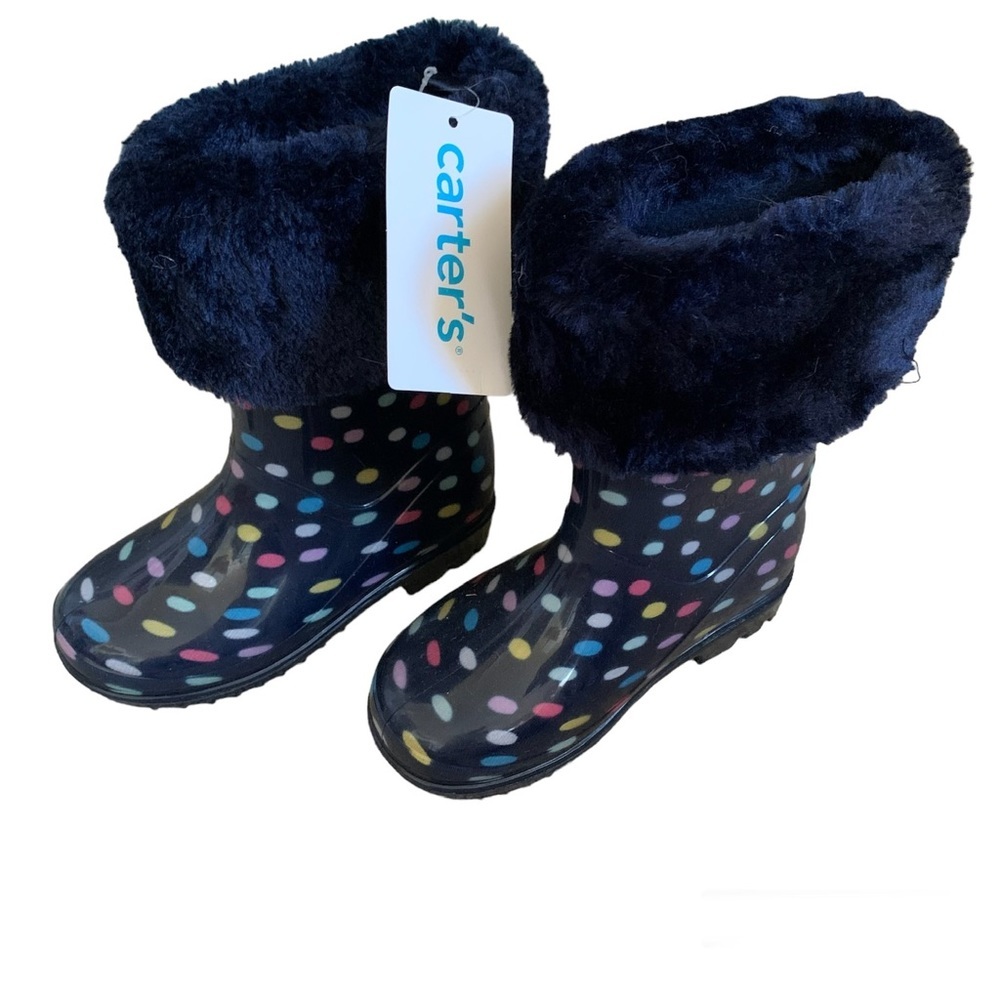 Carters Blue Poka Dot Faux Fur Lined Rainboots NWT kids size 7